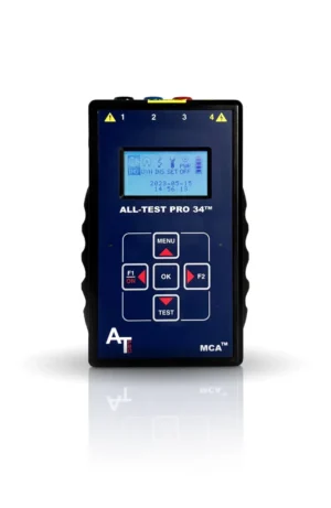 ALL-TEST PRO 34 EV handheld electric vehicle motor tester with touchscreen display showing test results