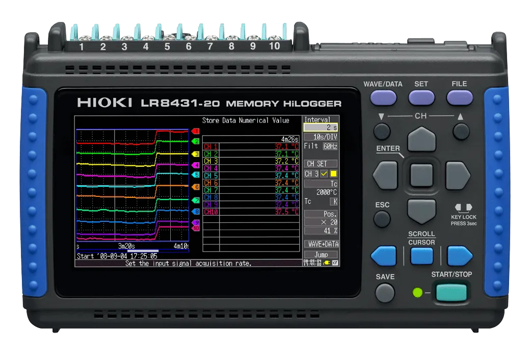 10-channel isolated input terminals and USB/CF card connectivity on HIOKI LR8431-20