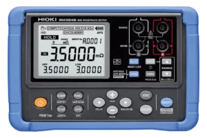 HIOKI RM3548-50 portable precision resistance meter with protective boot and LCD display