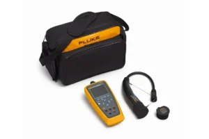 Fluke FEV350 kit contents including analyzer, connector plugs, and carrying case