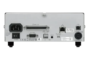 Rear panel of HIOKI RM3545A-1 showing LAN, USB, RS-232C and EXT I/O connection ports