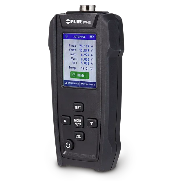 FLIR PV48 handheld solar tester displaying I-V curve on LCD screen