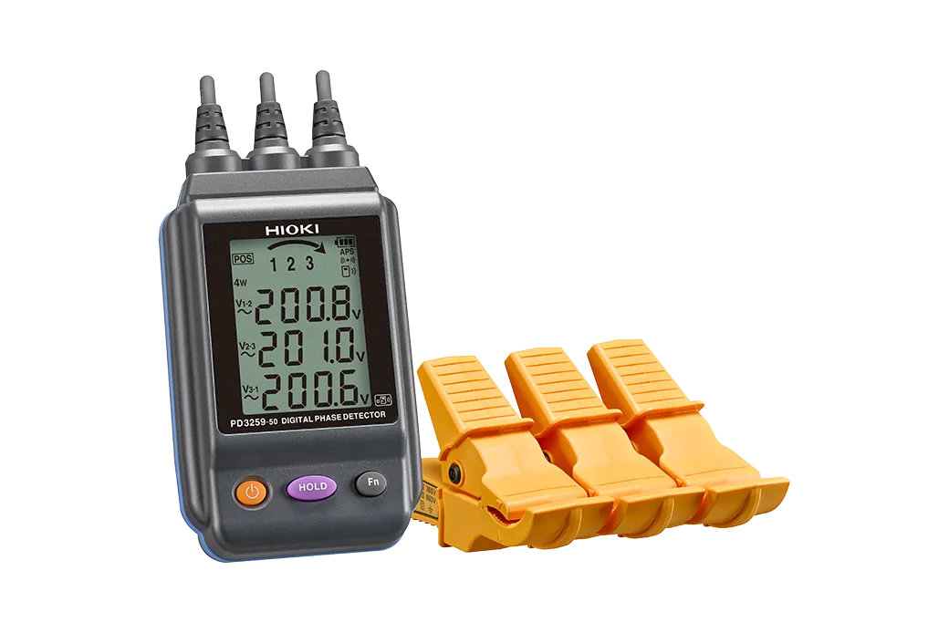 Hioki PD3259-50 non-contact phase detector clipped onto insulated three-phase cables