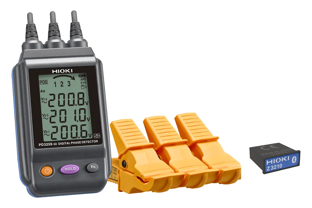 Hioki PD3259-50 digital phase detector with three clamp sensors on three-phase cables