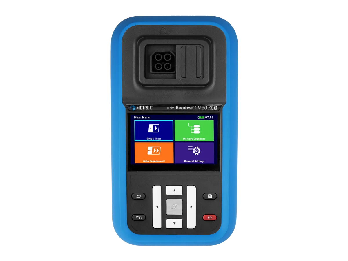 Metrel MI3136 touch screen display showing socket test Pass/Fail result