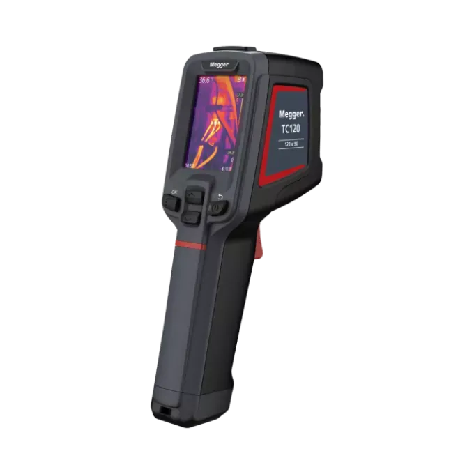 Megger TC120 handheld thermal camera front view showing 2.4-inch LCD and trigger grip