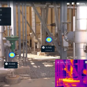 MPAC208 acoustic overlay showing compressed air leak source on industrial pipework