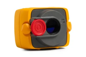 Fluke 832 sensor head mounted on industrial pump shaft for laser alignment