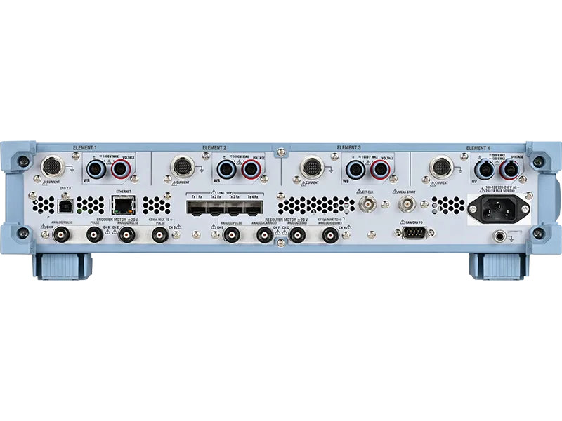 WT1500 rear panel with four input elements, Ethernet, CAN FD connector and SFP ports